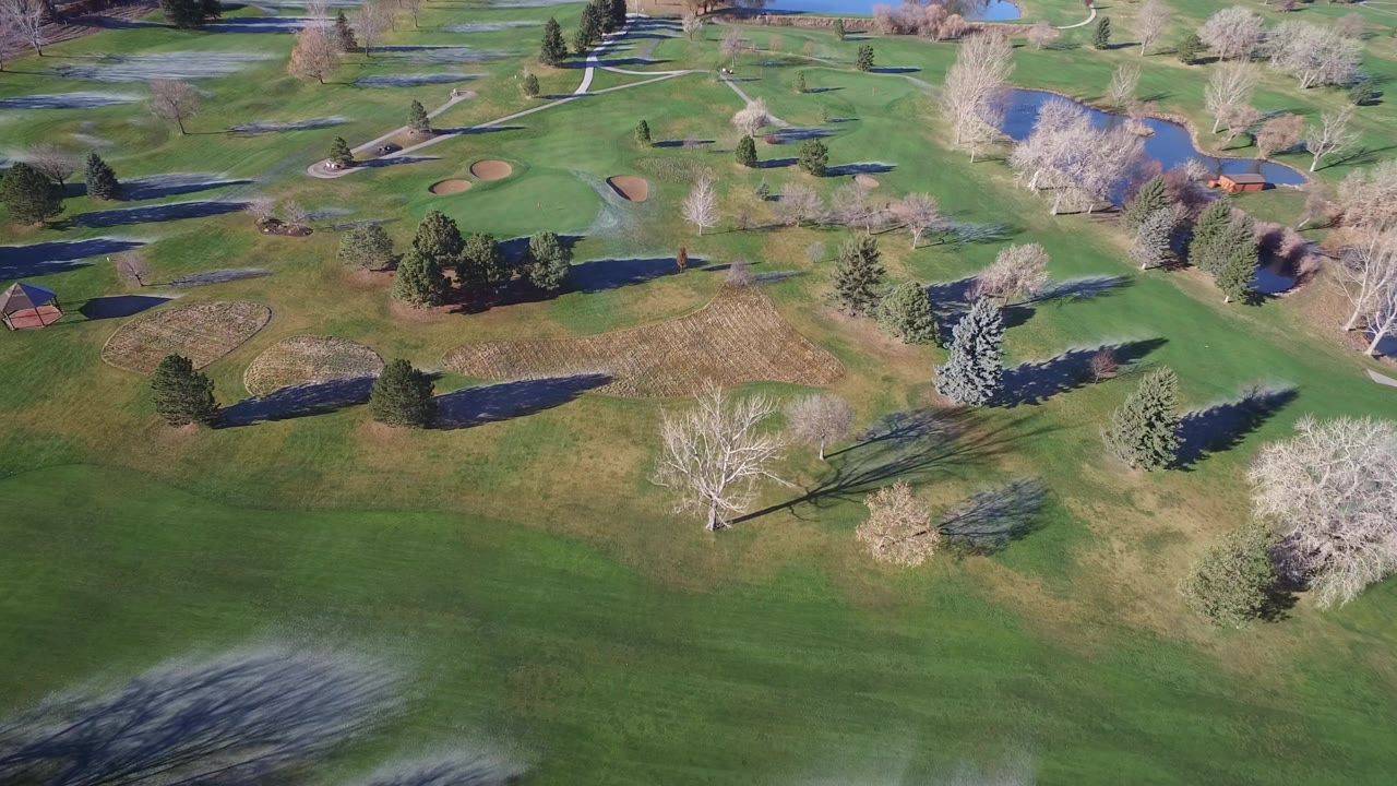 Aerial view of grass, trees, bunkers, paths, and a pond