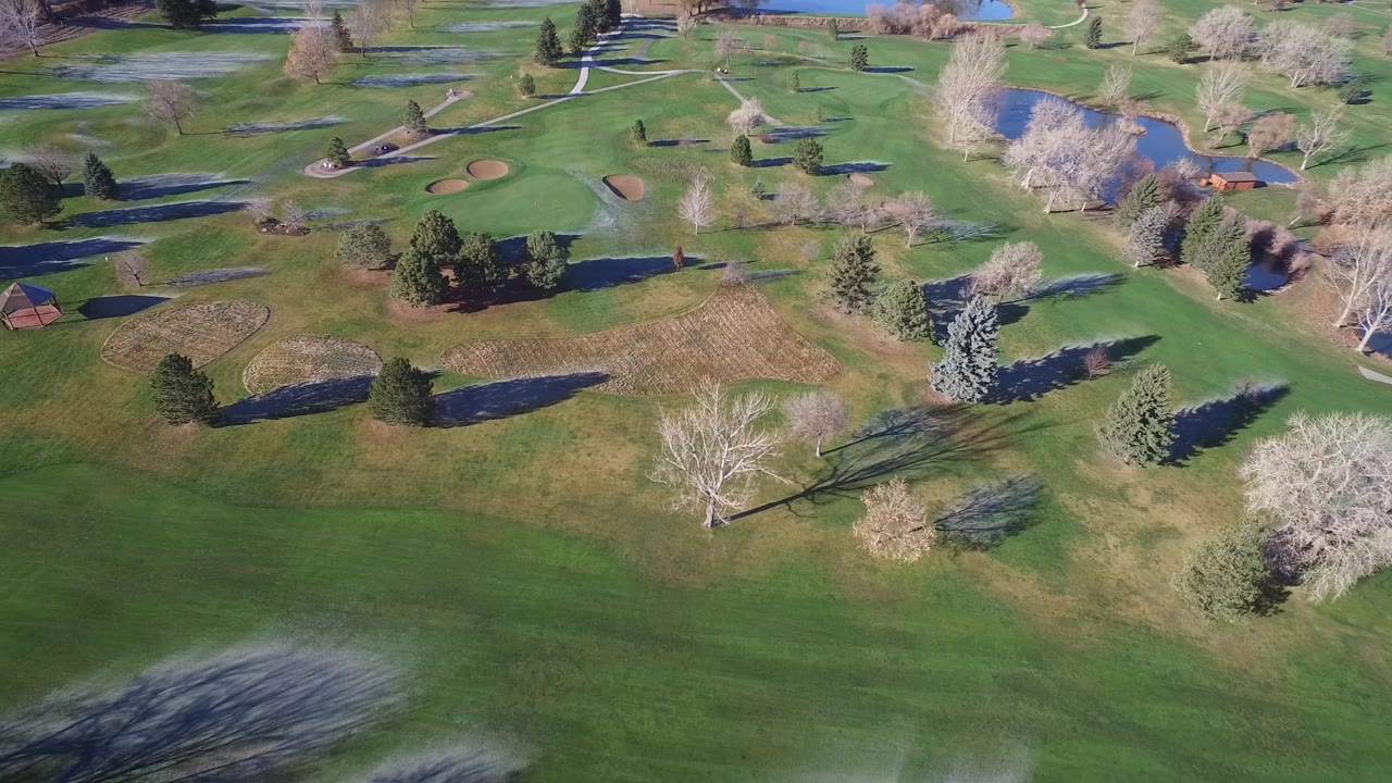 Aerial frame in Westminster, Colorado showing a large green lawn in the foreground, tree shadows across the grass, sand bunkers, paths, and small water features, with no visible people.