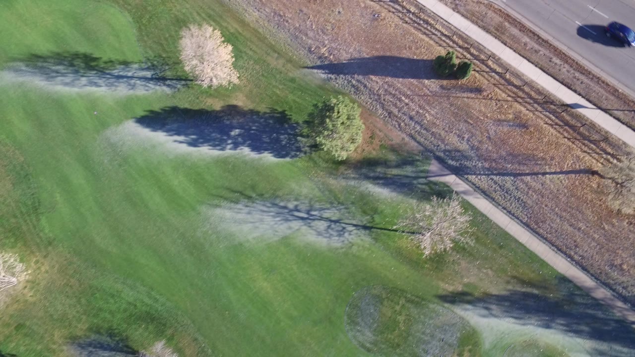 Aerial view of green grass beside a multi-lane road with trees and long shadows.