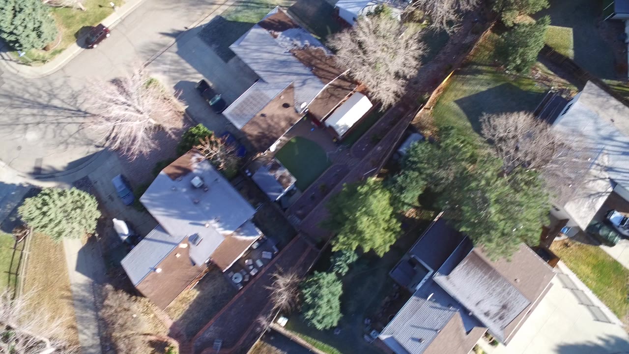 High overhead frame in Westminster, Colorado showing a curved residential street, house roofs, driveways, fenced yards, evergreen trees, bare tree branches, and no visible people.
