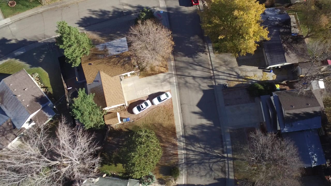 Overhead suburban street with houses, trees, lawns, and parked cars.