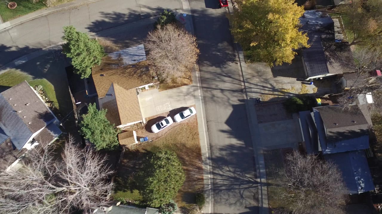 Aerial frame over Westminster, Colorado homes with a light-roofed house, driveway cars, leafless trees, evergreen foliage, and no visible people.