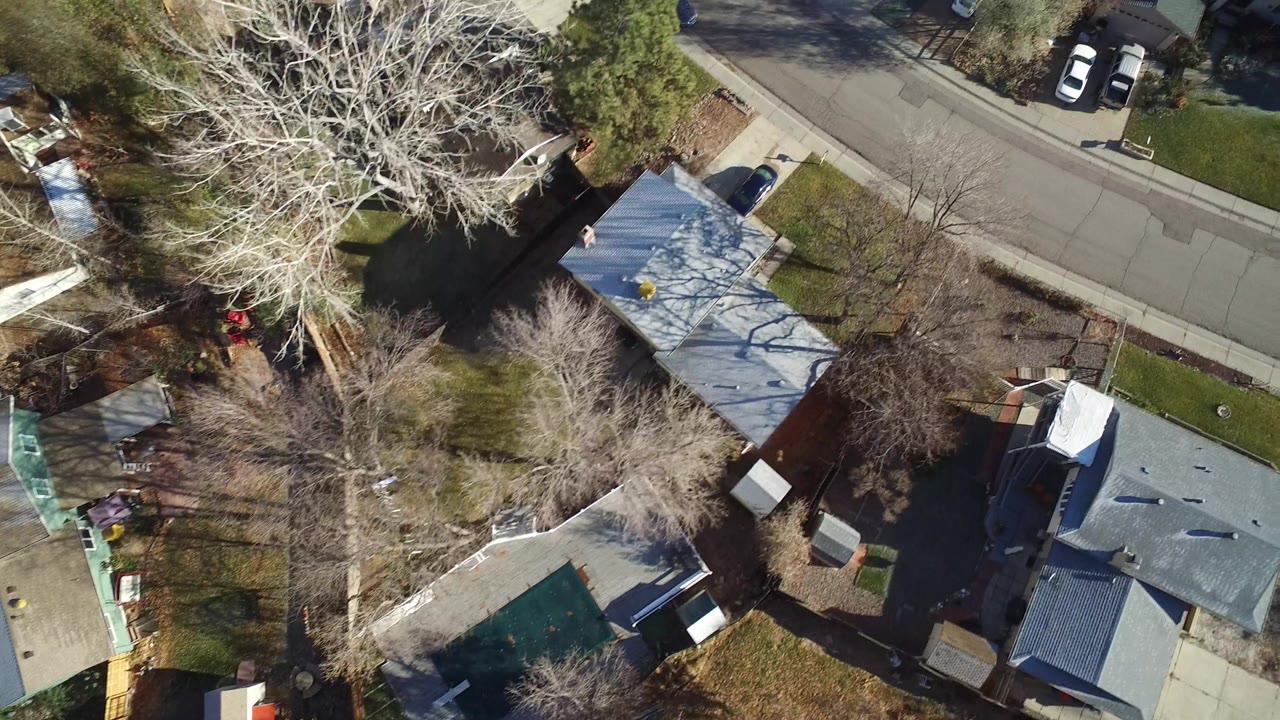 Aerial frame over Westminster, Colorado homes with gray and metal roofs, bare trees casting shadows, green lawns, parked vehicles, and no clearly identifiable people.
