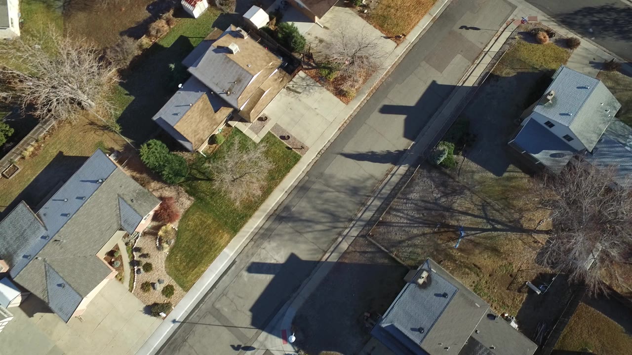 Overhead suburban street with homes, lawns, and long tree shadows.