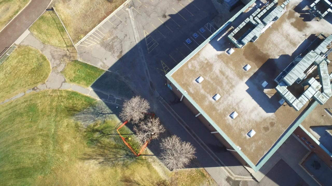 Overhead Westminster, Colorado frame showing a flat-roofed building edge, rooftop equipment, yellow-green lawn, leafless trees, sidewalk, parking pavement, and no visible people.
