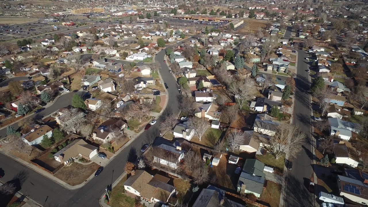 A high aerial view in Westminster, Colorado shows branching residential streets, tightly spaced houses, winter lawns, tall bare trees, and no visible people.