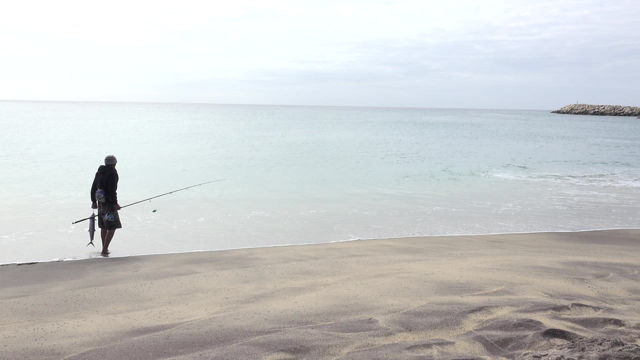 Man with a fishing rod walking on a sandy beach beside calm ocean water.