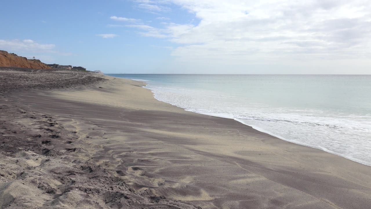 Empty sandy beach with dunes on the left and pale ocean on the right.