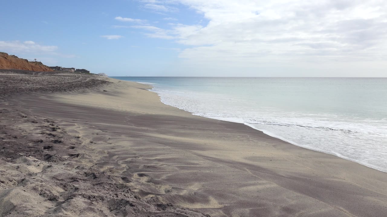 At 0:01, the San Jose del Cabo shoreline remains empty as white foam runs along the wet sand beside the pale blue sea, with no visible people.