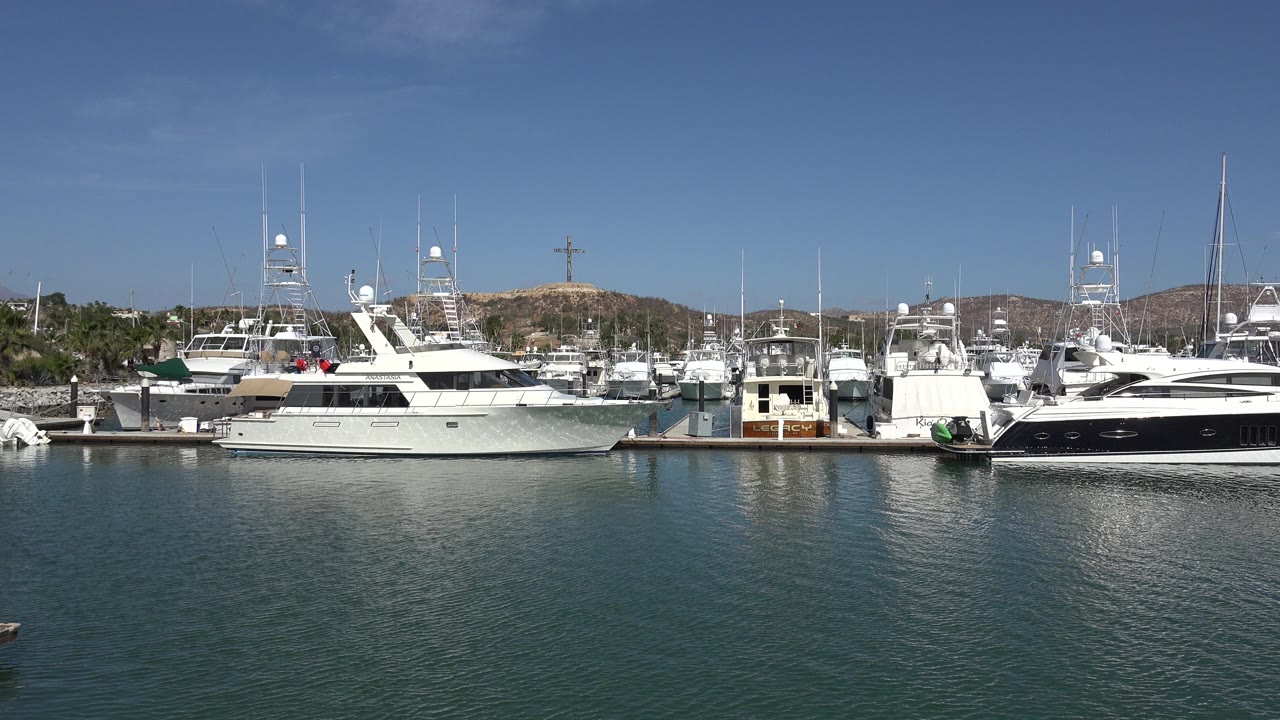 Docked yachts across calm marina water under a blue sky.