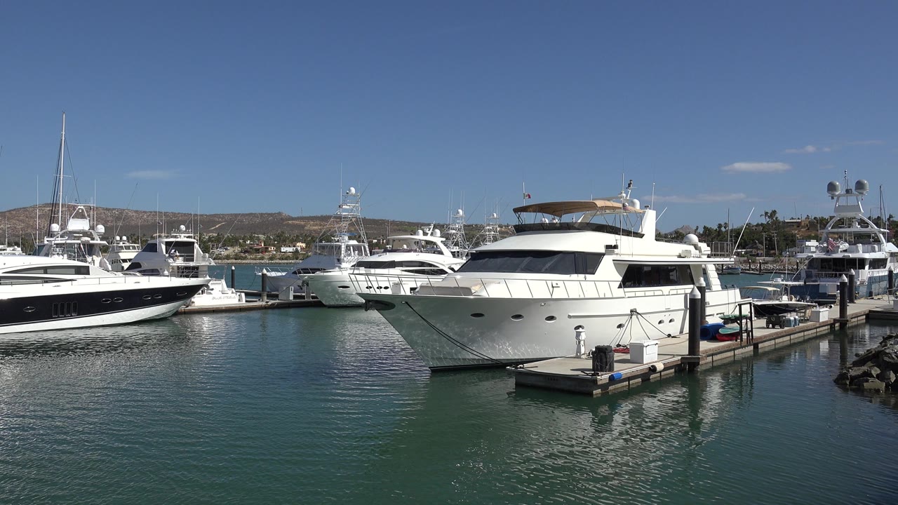 White yachts docked in a marina under a blue sky.