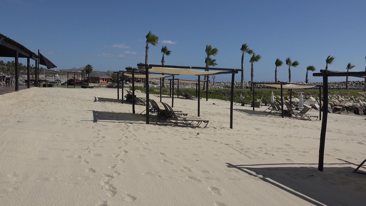 Empty beach loungers under shade frames on sandy beach