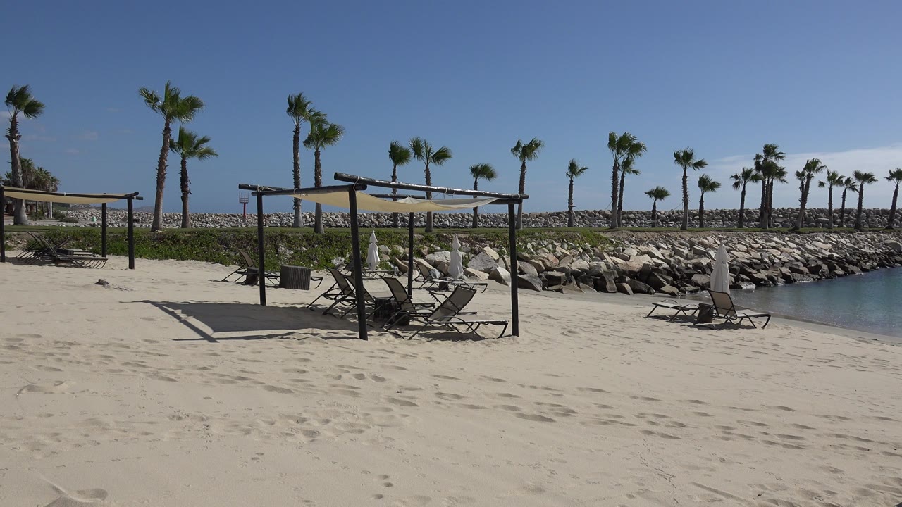 Opening view of a San Jose Del Cabo beach with white sand, lounge chairs beneath shade frames, palms behind a rock breakwater, water at right, and no visible people.