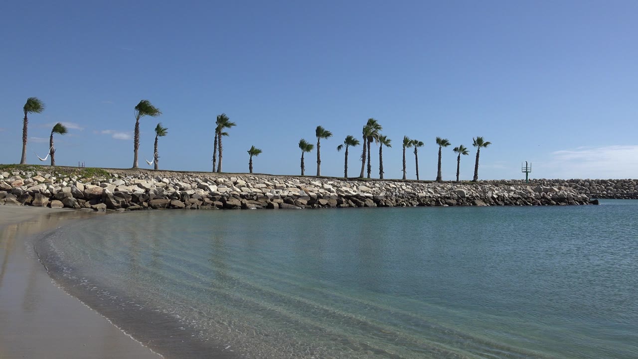 Opening frame of San Jose del Cabo shoreline with clear shallow water over sand, a rocky barrier, wind-bent palms, blue sky, and no visible people.