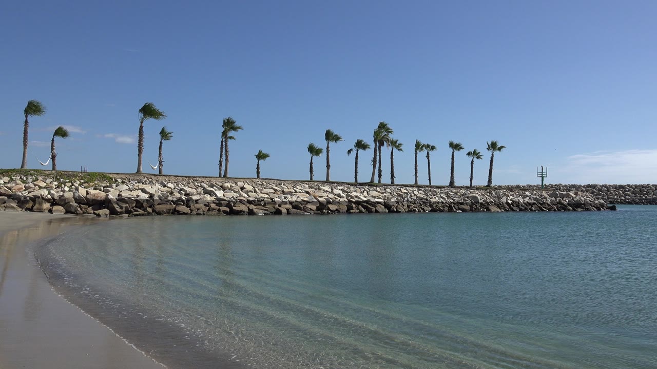San Jose del Cabo beach view with the wet sand curve more visible at left, clear water in front, rocks and palms across the horizon, and no visible people.