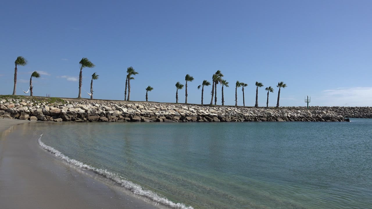 San Jose del Cabo beach view with the foam line slightly farther along the sand, shallow clear water, a rocky shore, wind-bent palms, blue sky, and no visible people.
