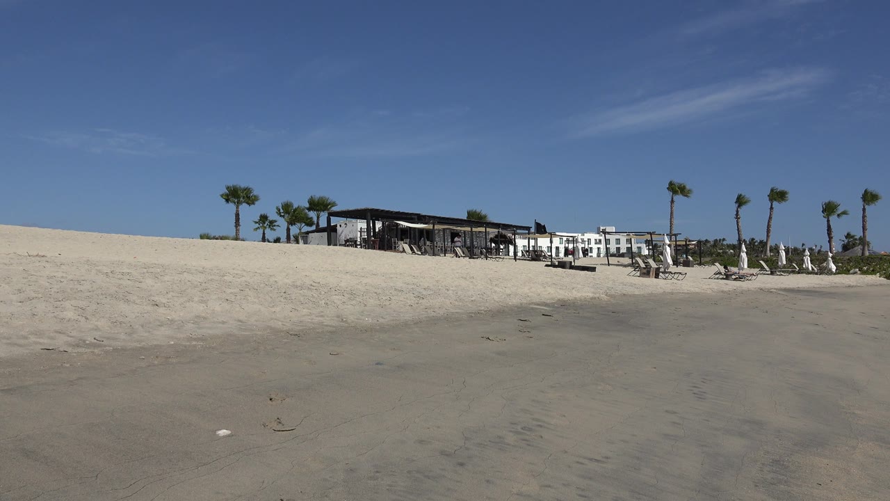 Opening frame of a San Jose del Cabo beach with wet sand in front, a pale dune, palm trees, lounge chairs, distant buildings, blue sky, and no visible people.