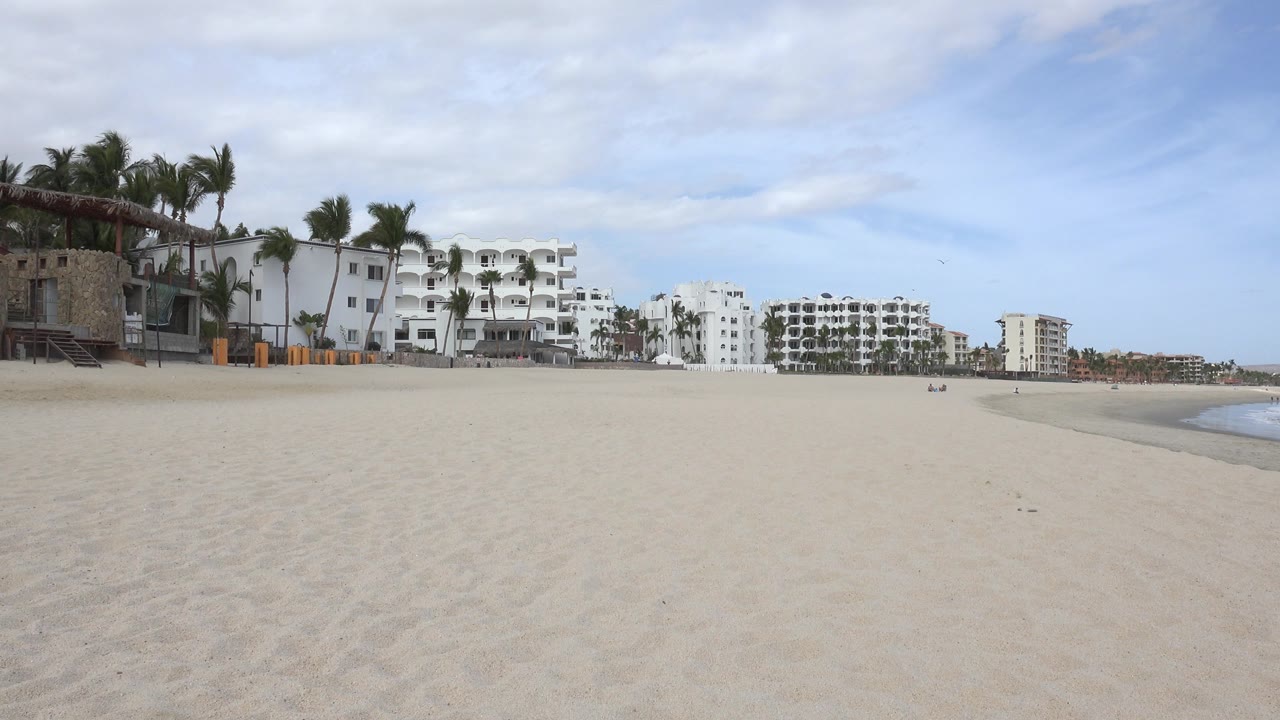 Wide sandy beach with beachfront buildings, palms, sky, and surf at the right edge.