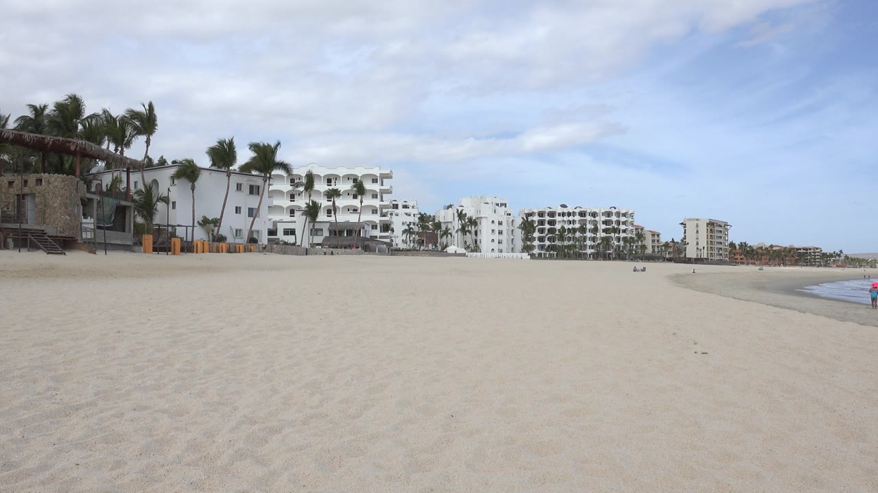 Wide beach with hotels, palms, and ocean edge.