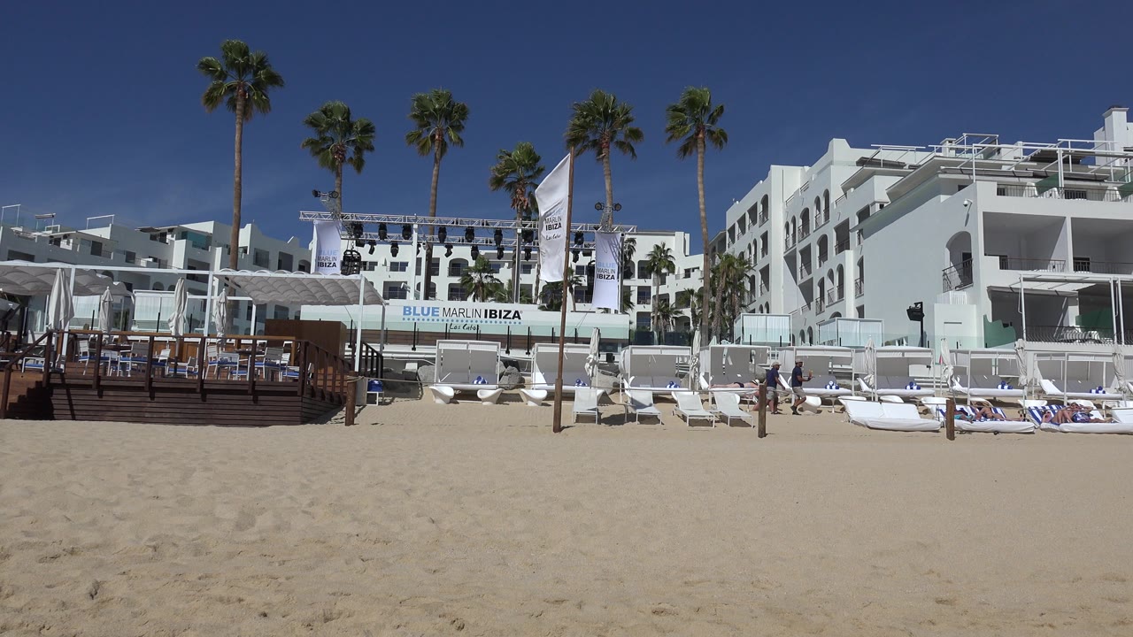 Wide beach view of white resort buildings, palm trees, flags, loungers, and sand.