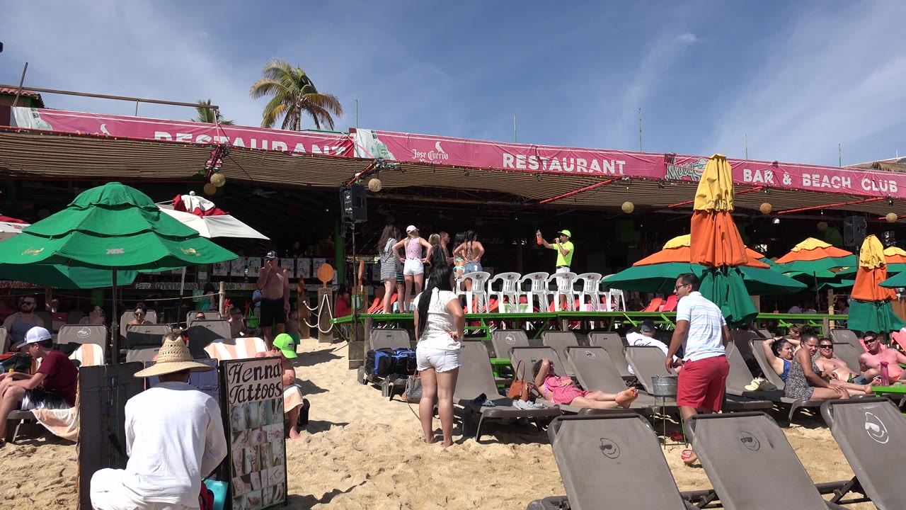 Beach lounge chairs and umbrellas outside a restaurant and beach club.