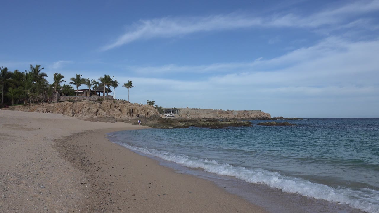 Sandy beach with small waves, rocky point, palm trees, and blue sky