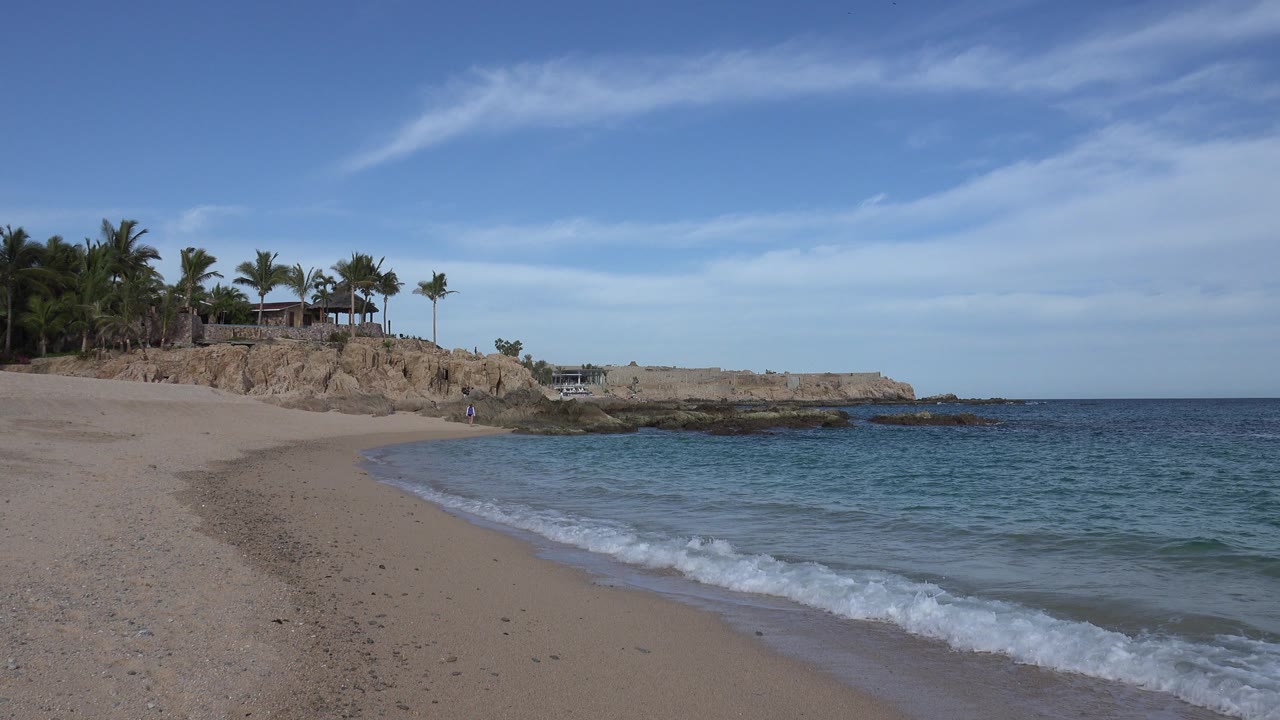 Cabo San Lucas shoreline view with a low band of wave foam curving across the sand, rocky coast and palms in the background, and no visible people.