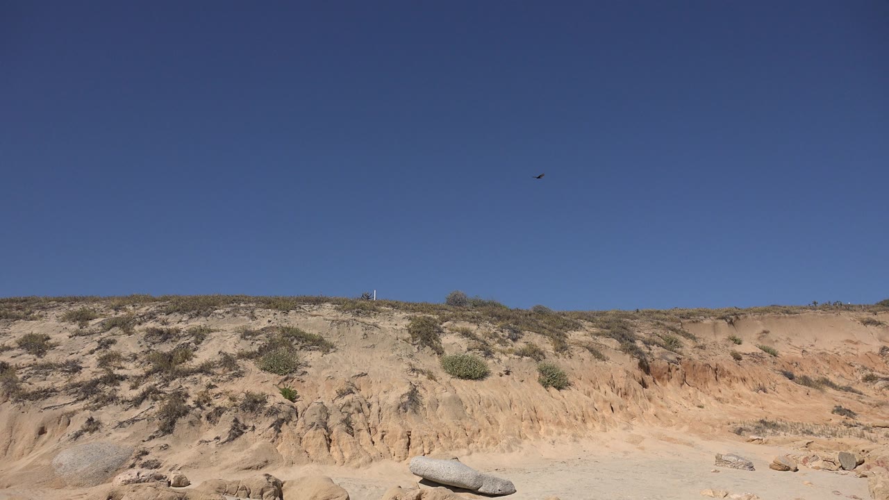 Los Cabos sandy coastal bluff with scrub and pale rocks beneath a clear blue sky, no visible people.