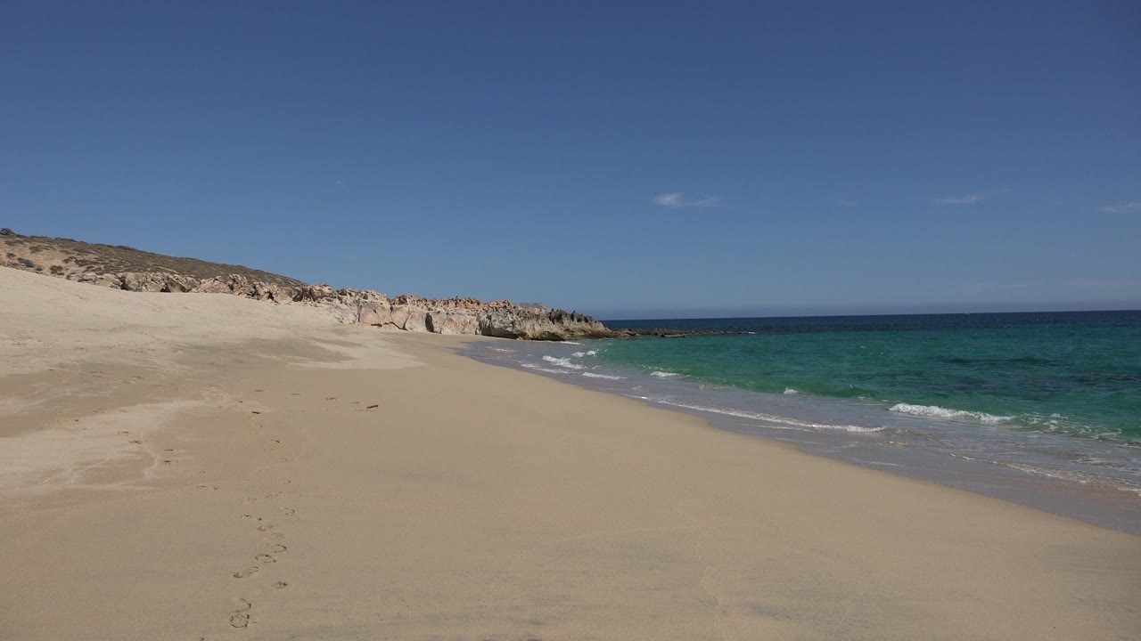 Wide beach view with turquoise water and rocks