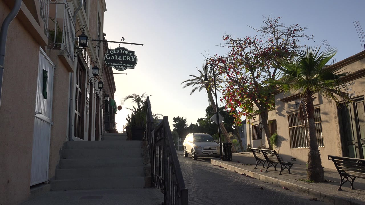 Quiet street with stairs, benches, trees, and a parked white car.