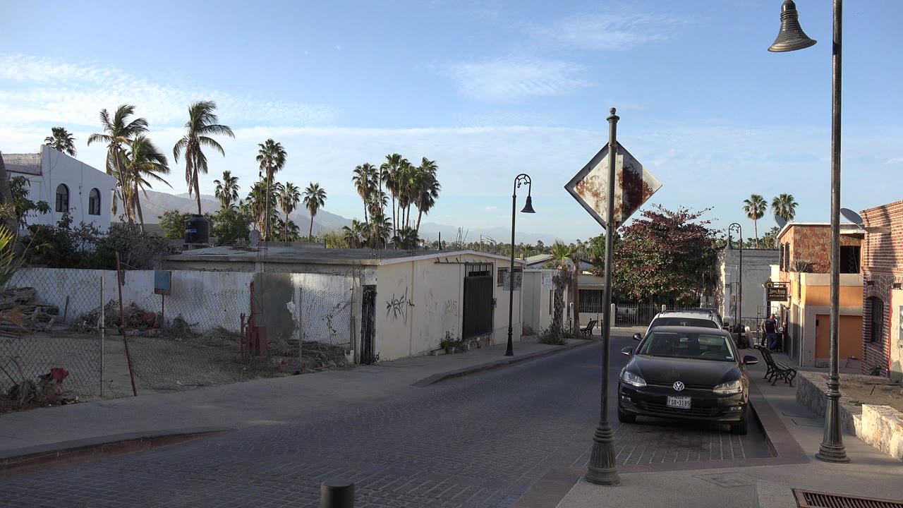 Cobblestone street with parked black car, streetlamps, palms, and low buildings.