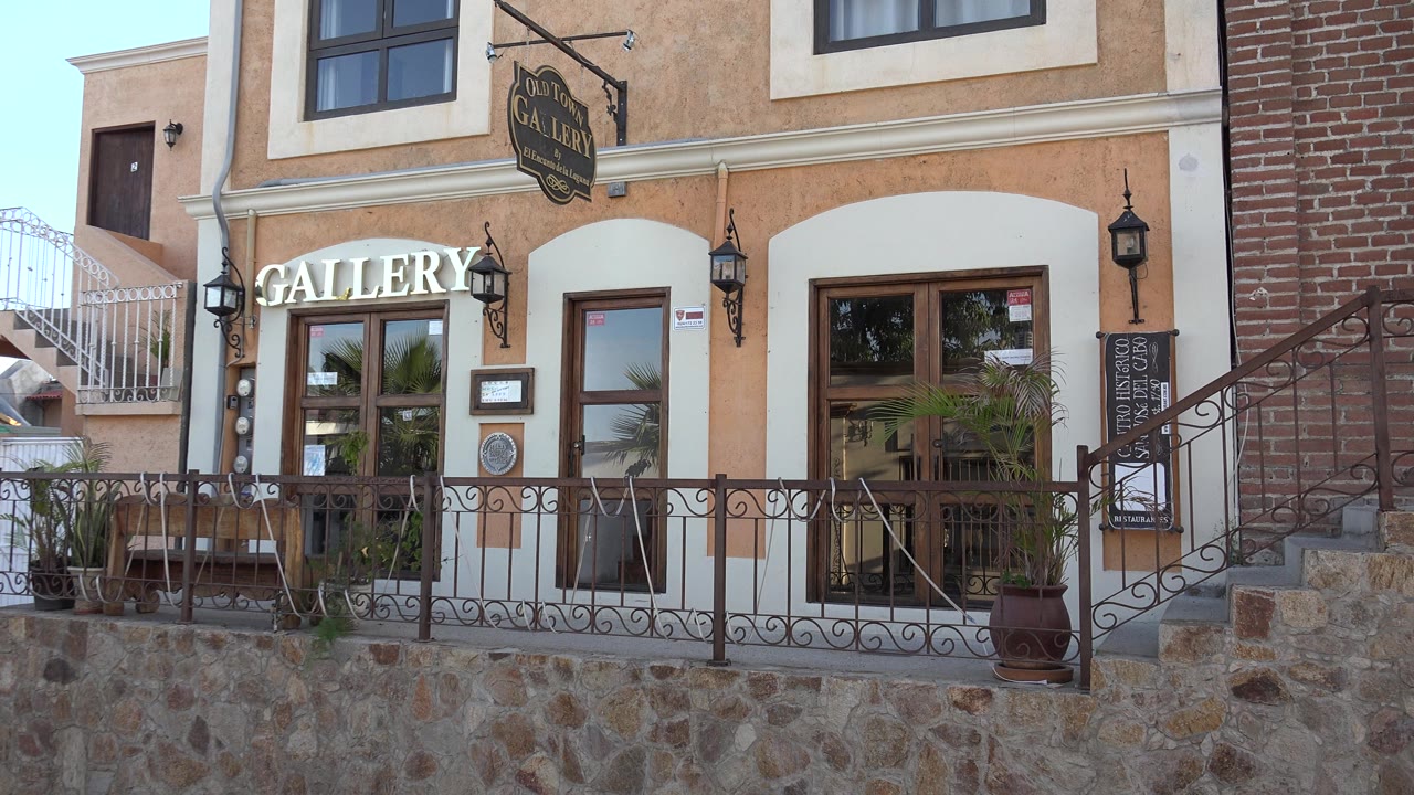 Gallery storefront with iron railing, glass doors, stone wall, stairs, and potted plants.