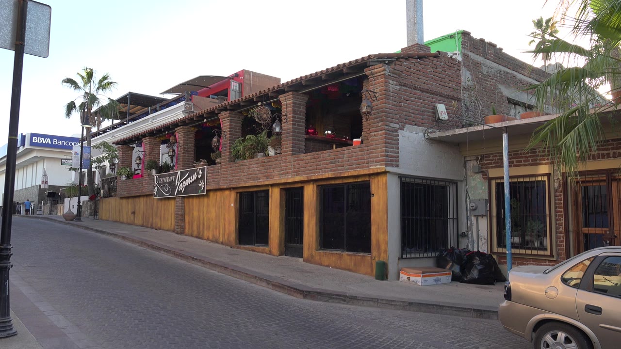 Brick and wood storefront on a quiet street with palm trees and a parked car edge.