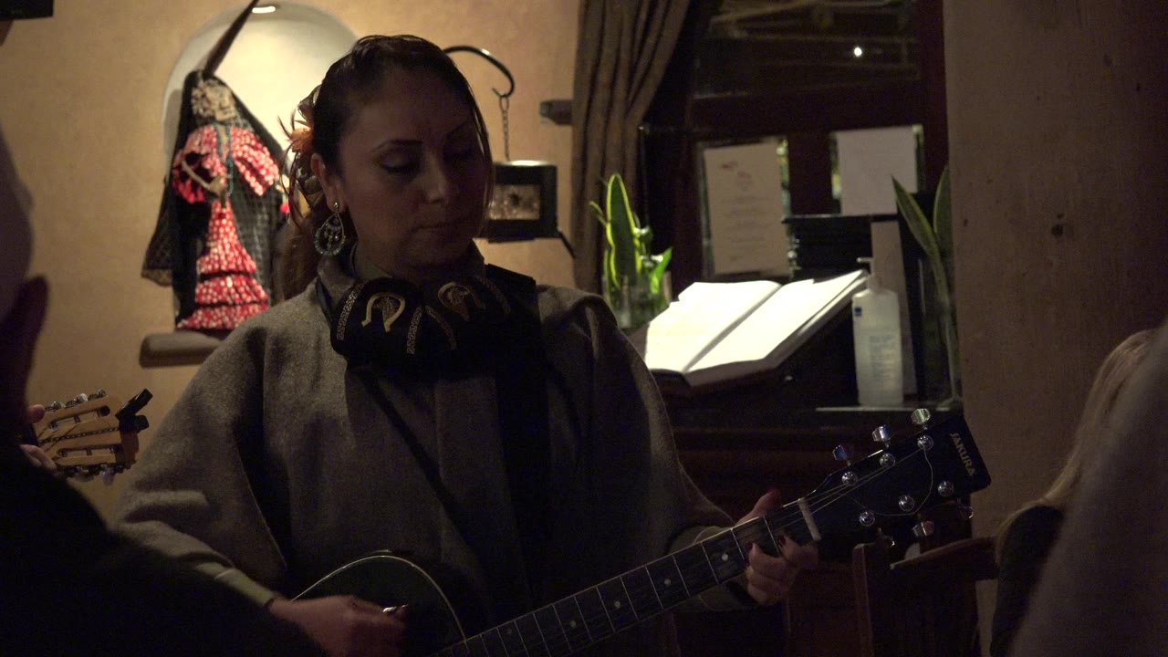 The musician looks down toward her guitar while standing in the restaurant, with a menu stand and wall decor visible behind her.
