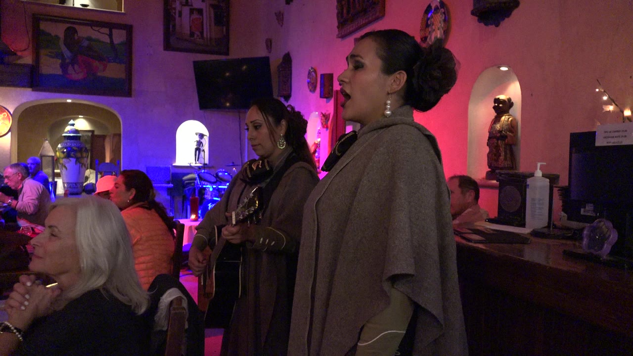 Woman singing beside guitarist in a crowded, color-lit room.