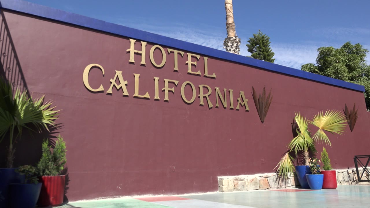 Hotel California sign on a red wall with potted palms
