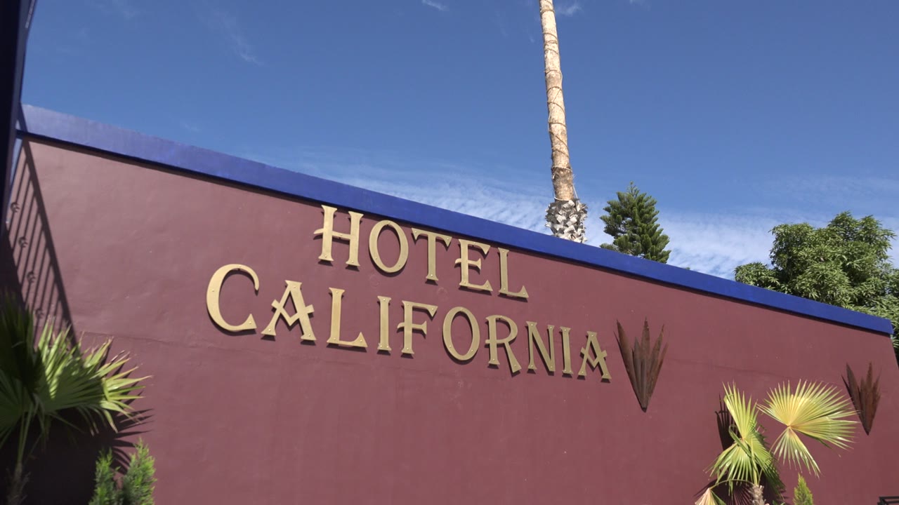 The Hotel California sign remains centered on the burgundy wall in Los Cabos, Mexico, with a palm trunk rising behind the roofline and no visible people.
