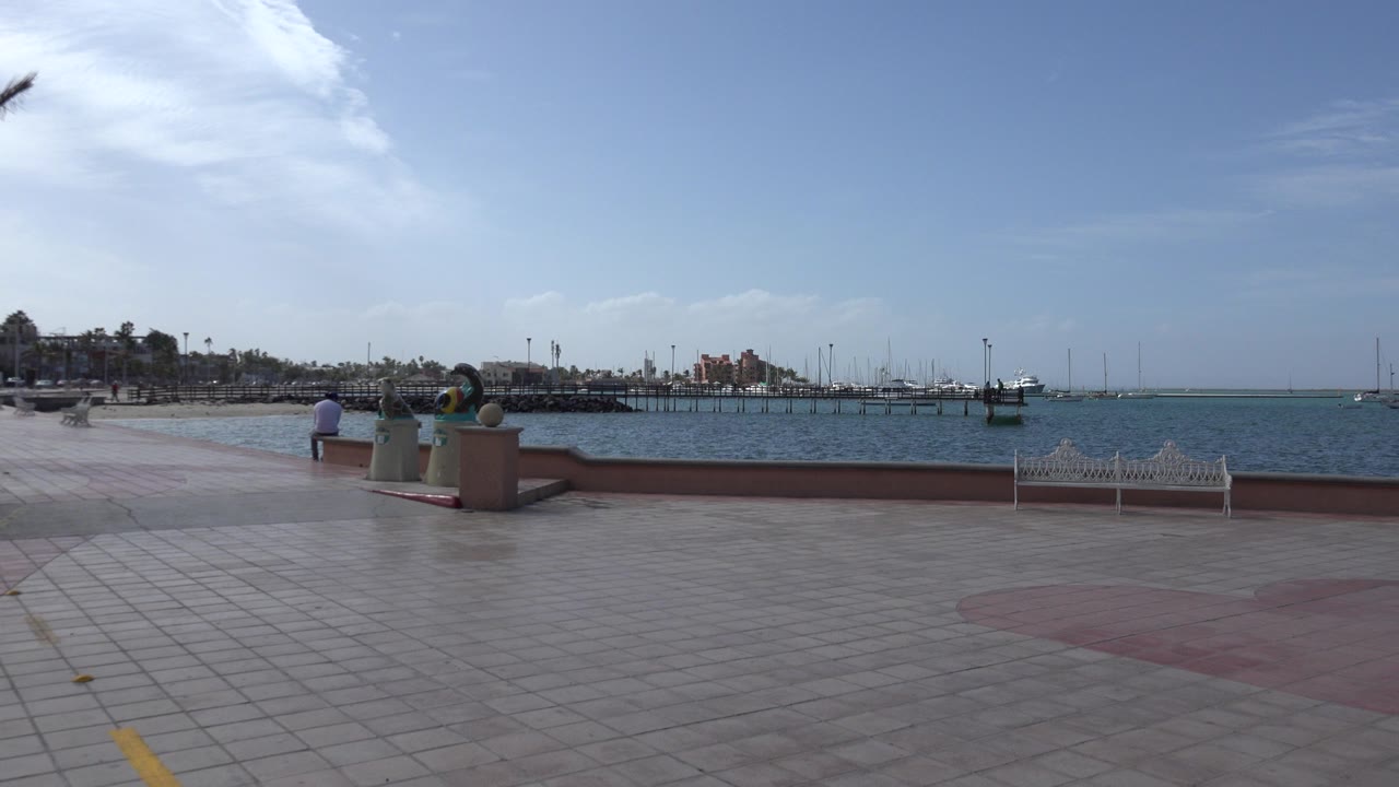 Wide waterfront plaza with benches, ocean, pier, boats, and distant buildings.