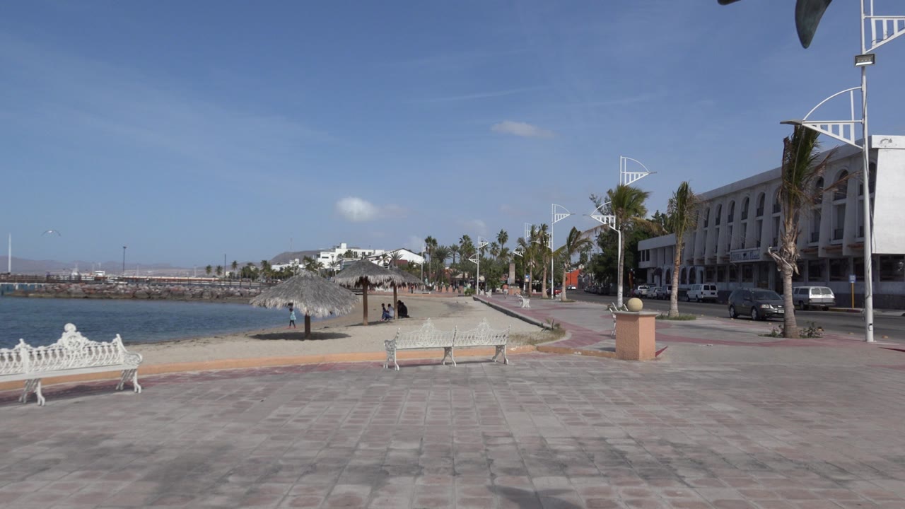 Sunny waterfront promenade with benches, beach, boats, palms, cars, and small people in the distance.