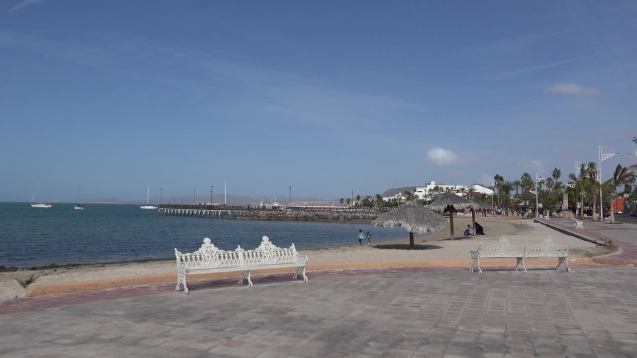 Los Cabos promenade view one second in, with the white bench centered lower in frame, small boats offshore, people near the water, and palm-lined buildings beyond the walkway.