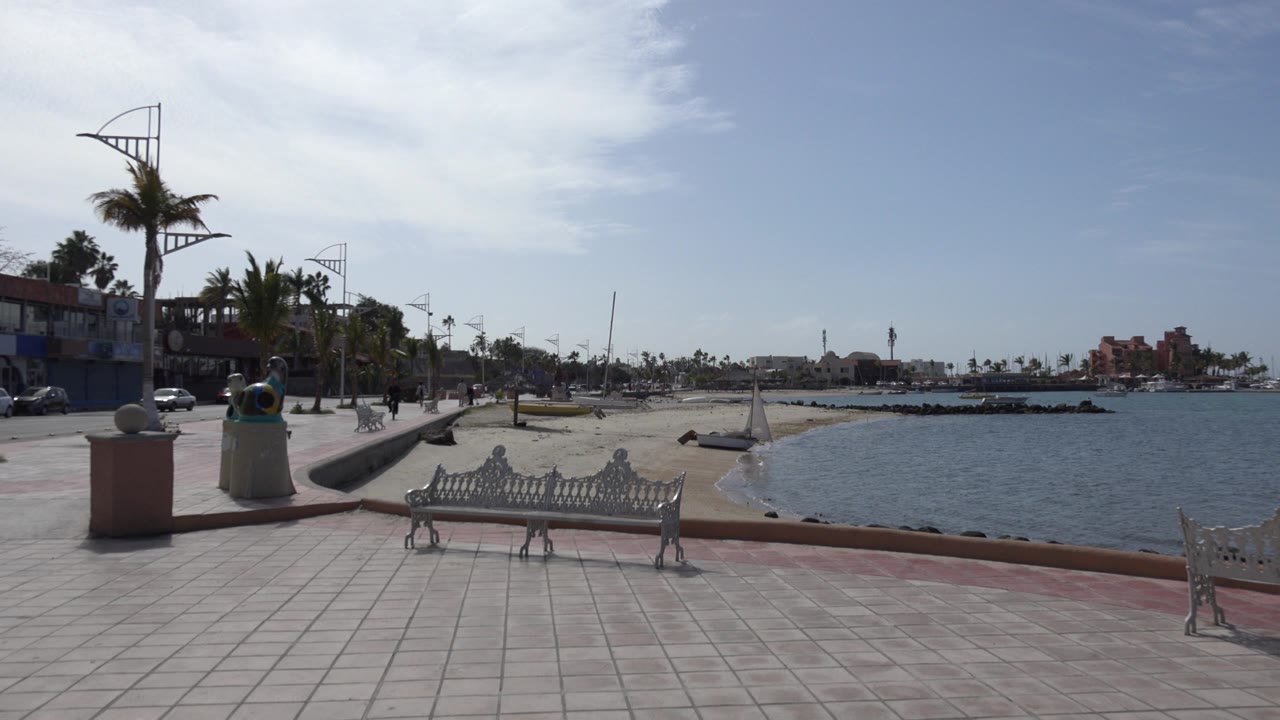 White benches facing blue water on a sunny promenade.