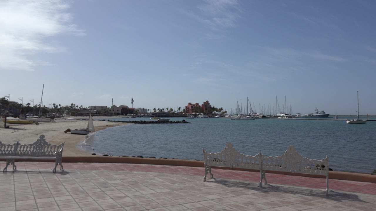 Opening view of the Los Cabos waterfront with white benches on a tiled promenade, blue water, anchored boats, palms, distant buildings, and no visible people.