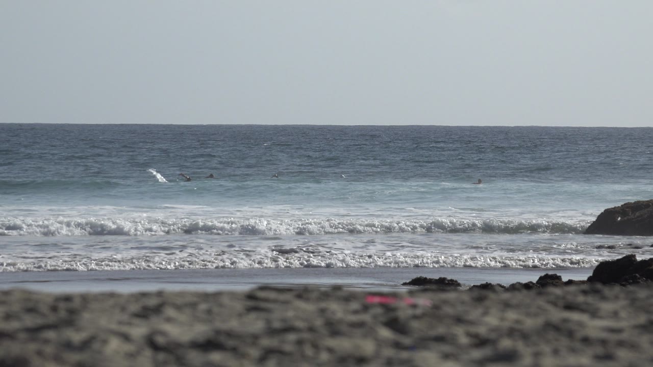 Los Cabos surf scene with a low blurred foreground, a dark rock near center, white foam across the shore, and small surfer shapes spread along the waterline.