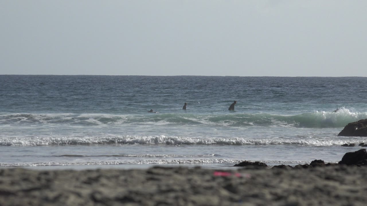 Los Cabos shoreline frame with a green-blue wave cresting across the midground, dark rocks near the surf line, soft sand foreground, and no recognizable people visible.