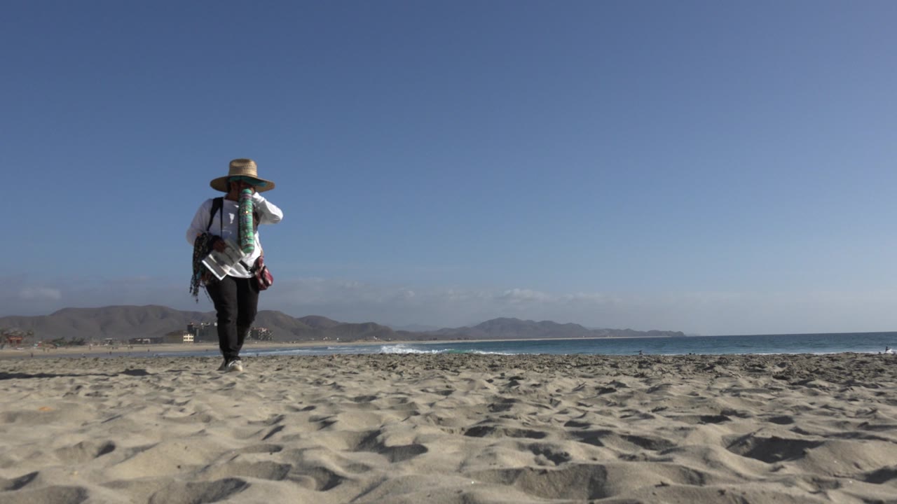 The vendor continues across the Los Cabos sand carrying hanging items and cylindrical bundles, with small waves and low hills in the background.
