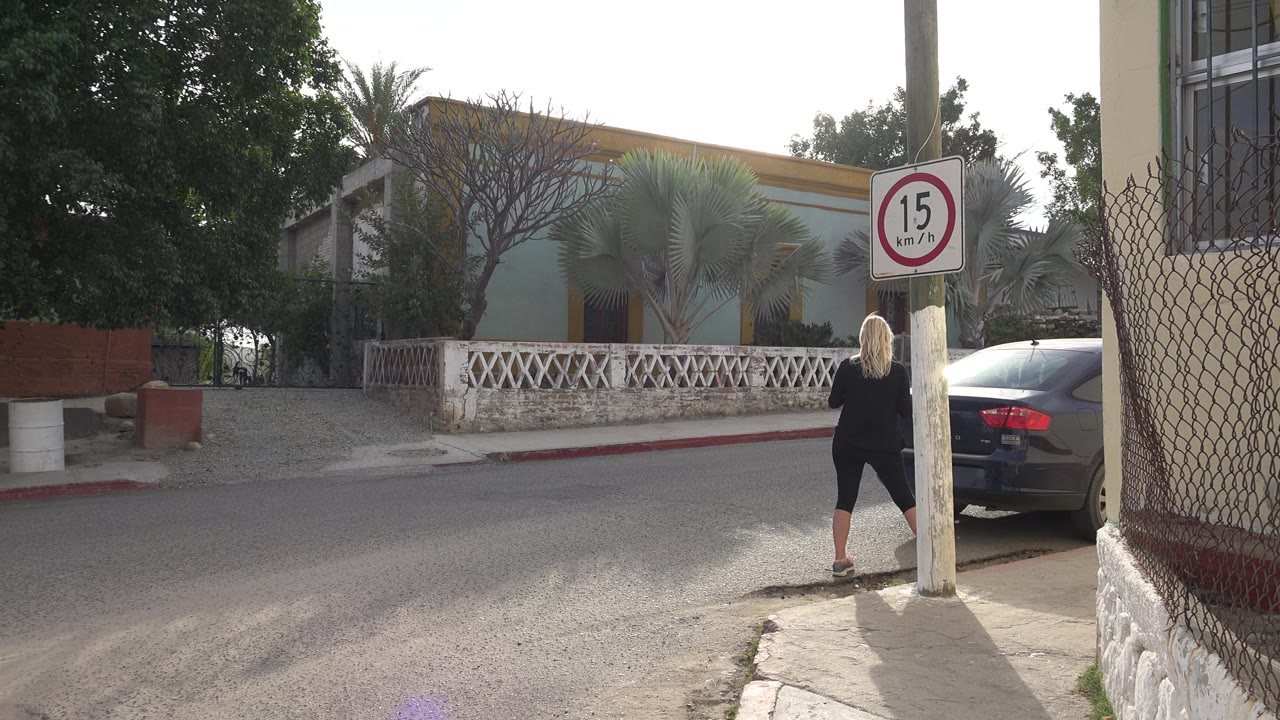 The woman remains near the pole and 15 km/h sign as the frame looks across a Los Cabos street toward pale houses, a white railing, palms, and a parked car.