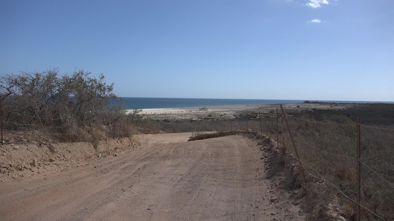 Dirt road curving toward a beach and ocean horizon