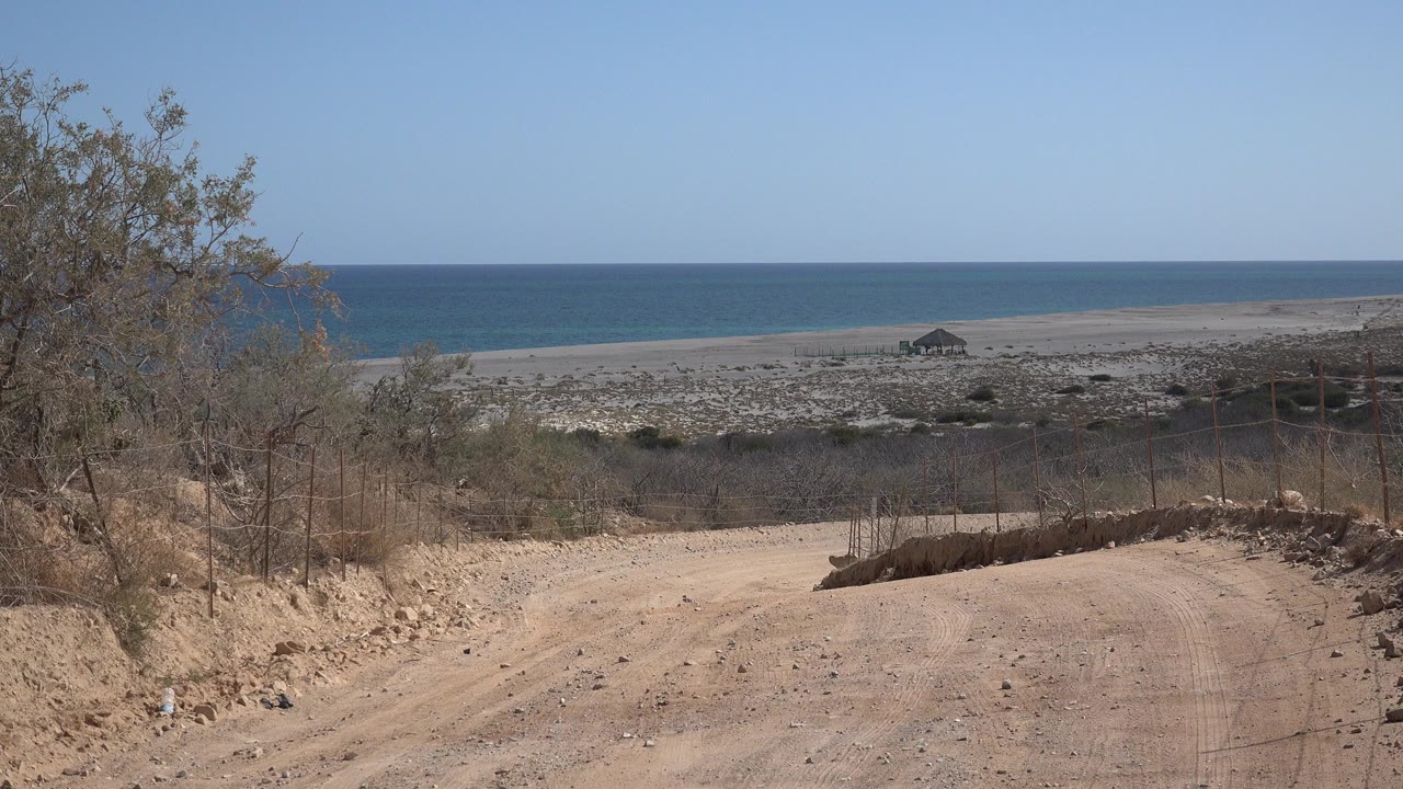 Start of the Cabo Pulmo clip with a sandy unpaved road in the foreground, brush on both sides, a rocky beach, blue sea, clear sky, and no visible people.