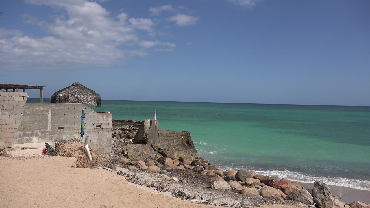 Cabo Pulmo shoreline frame with the concrete wall at left, the thatched roof centered behind it, rocks below, green-blue ocean stretching right, and the small child still low near the wall.