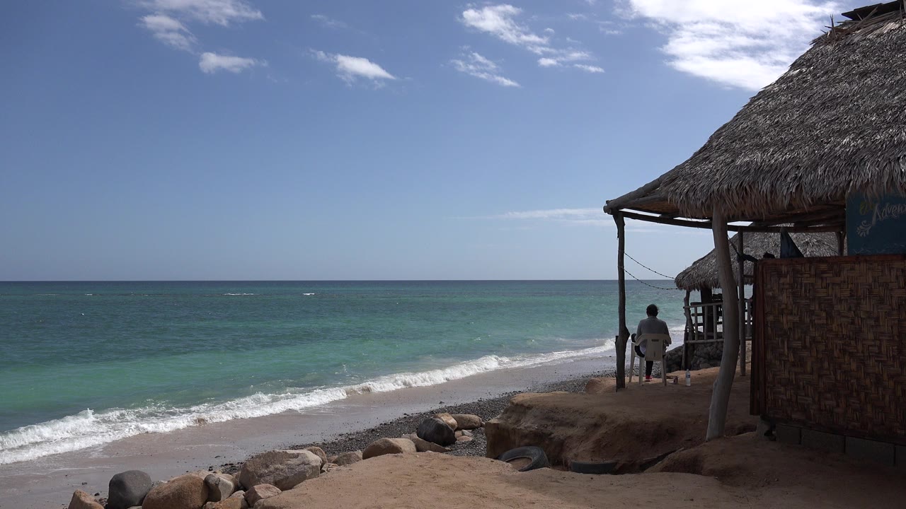 Turquoise ocean beside a thatched beach shelter with one seated person.